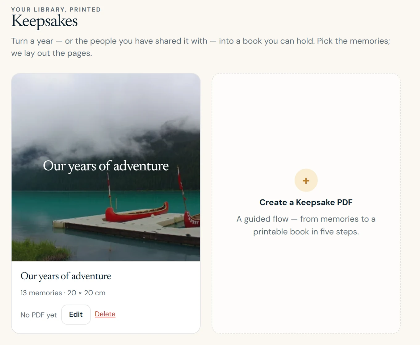 The Keepsakes page with a saved project and the Create a Keepsake PDF tile