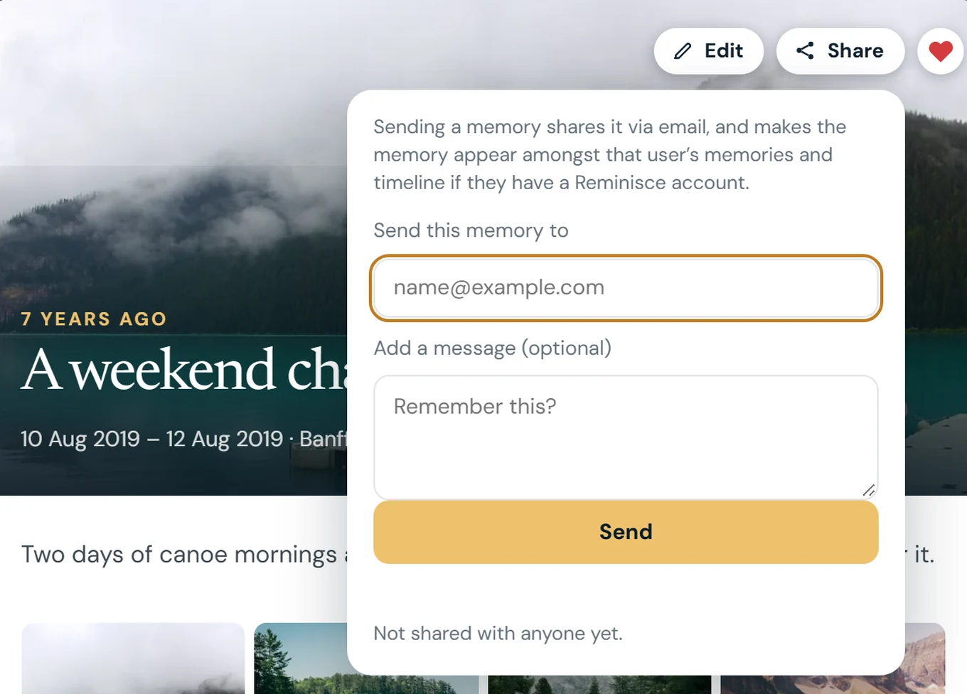 Sharing a memory by email from the memory sheet