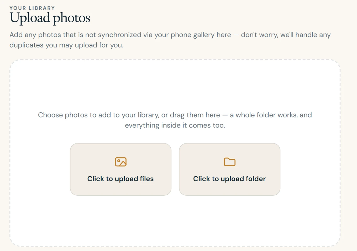 The browser upload page for photos that are not on your phone