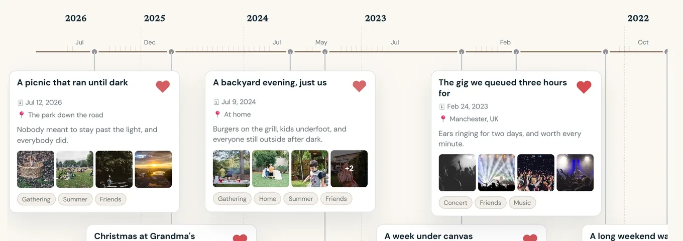 The Reminisce timeline: thirteen memories from 2019 to 2026 on one axis, three of them open as cards