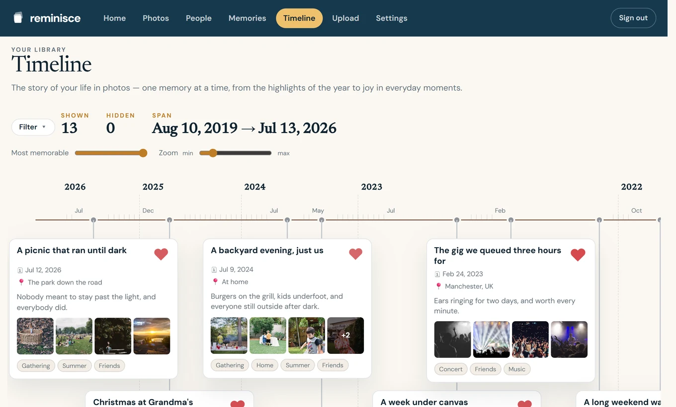 The Reminisce timeline page with memories across several years